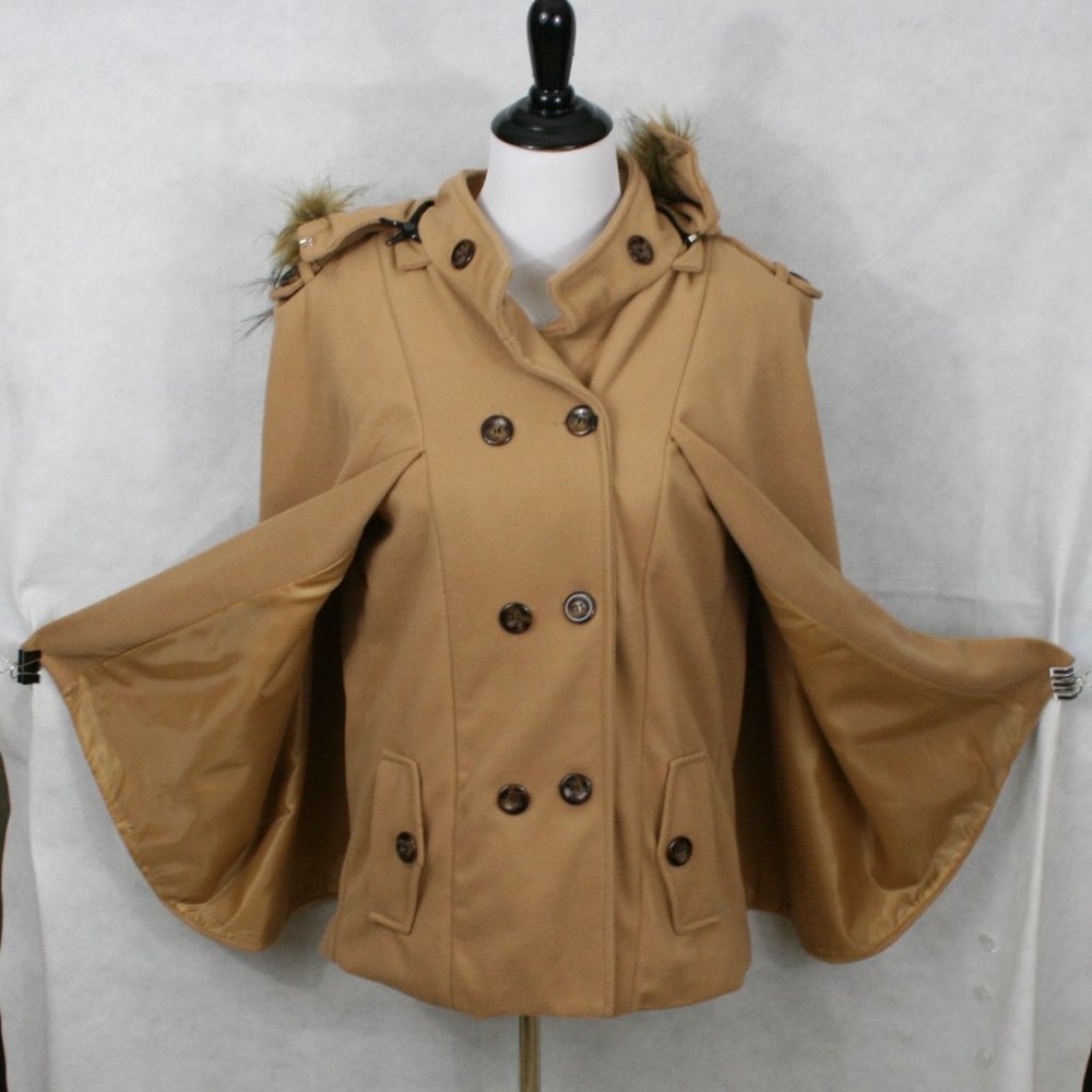 Jeykay Camel Polyester Lined Coat w/ Wings and Removable Fur Lined Hood SZ L NWT - Picture 7 of 10